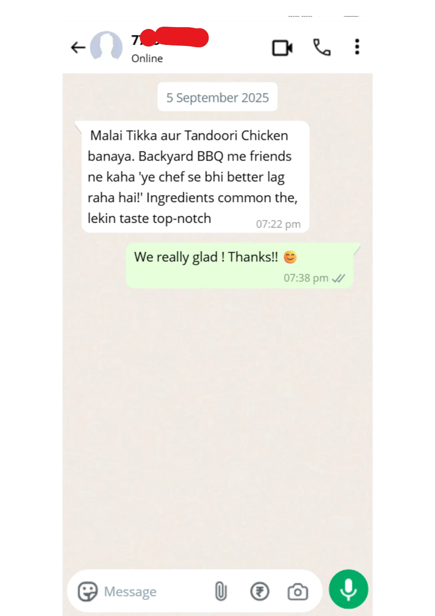 WhatsApp review screenshot 1 from a customer
